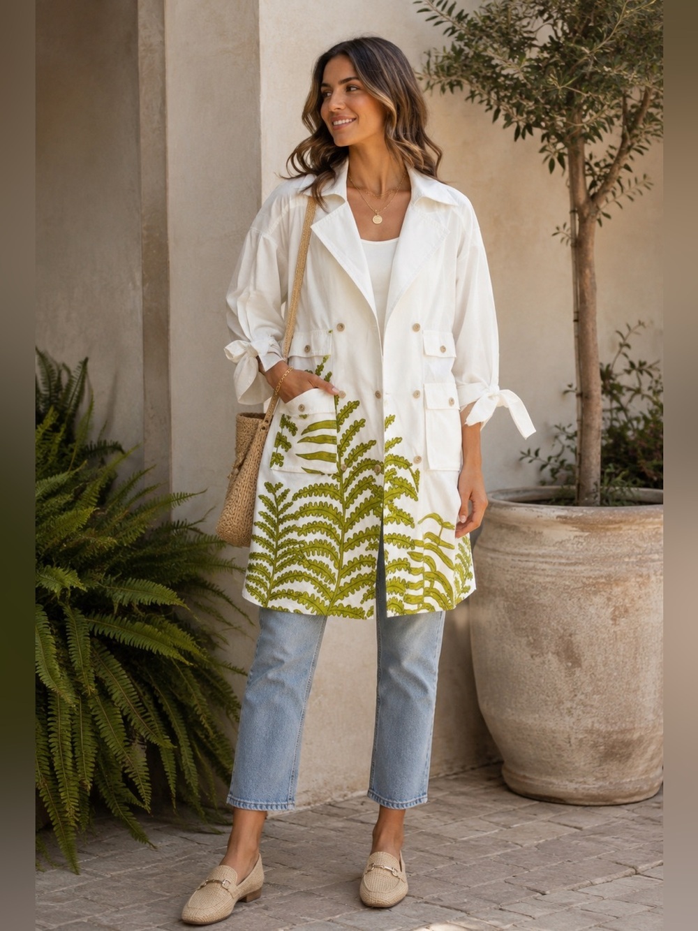 Anthropologie White Green Fern Botanical Print Utility Trench Coat Size M NEW